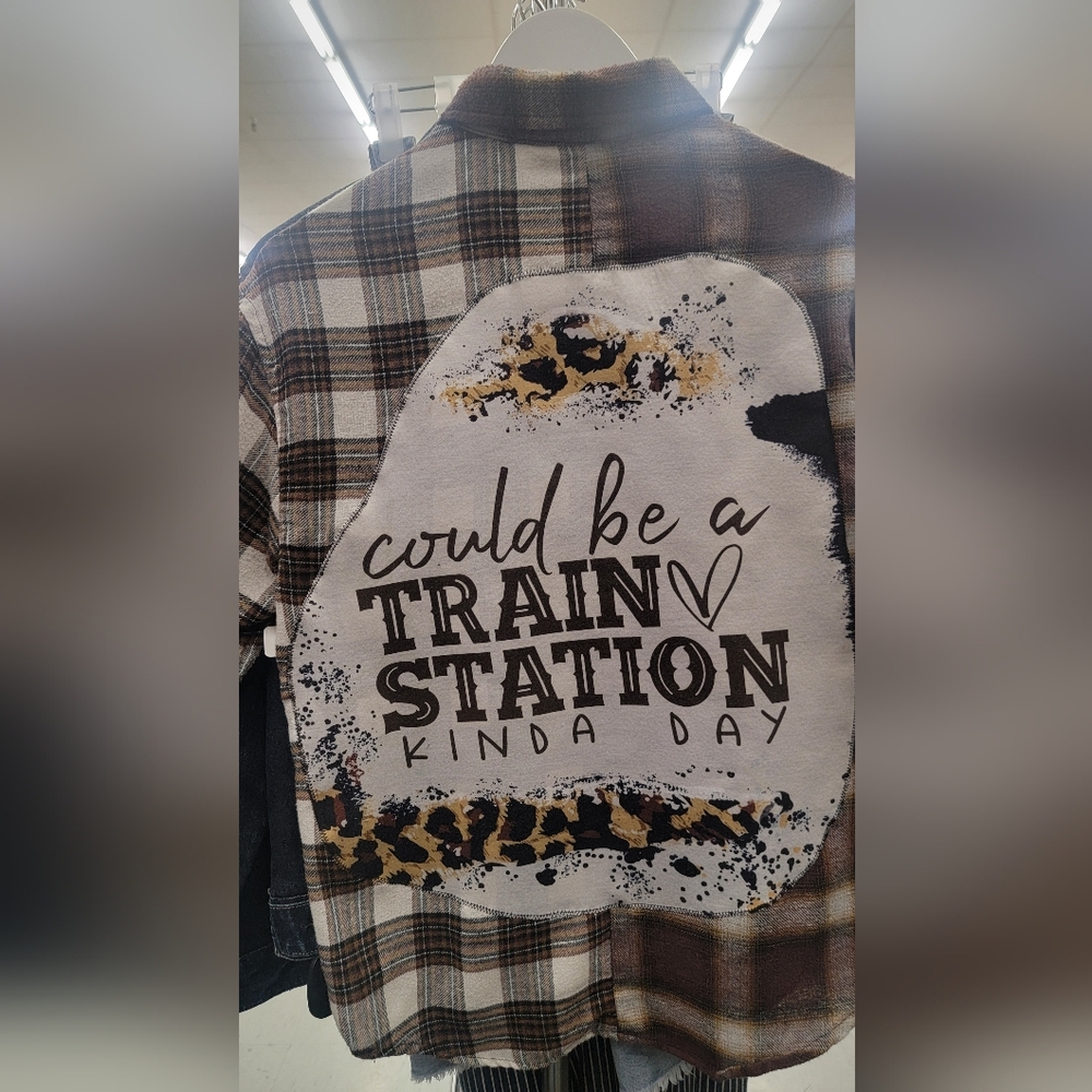 Recycled "Train Station Kind Of Day" Plaid Flannel Shirt Size Med